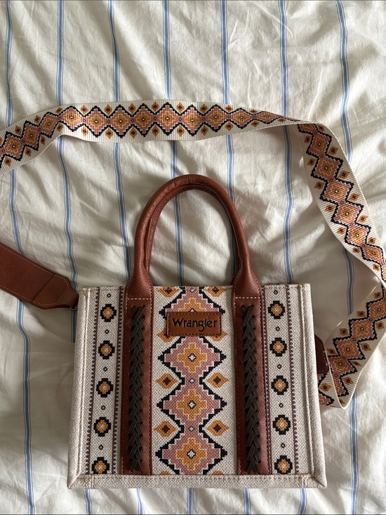 Wrangler Handbags - Wrangler Beige, Brown & Pink Embroidered Tote with Patterned Strap